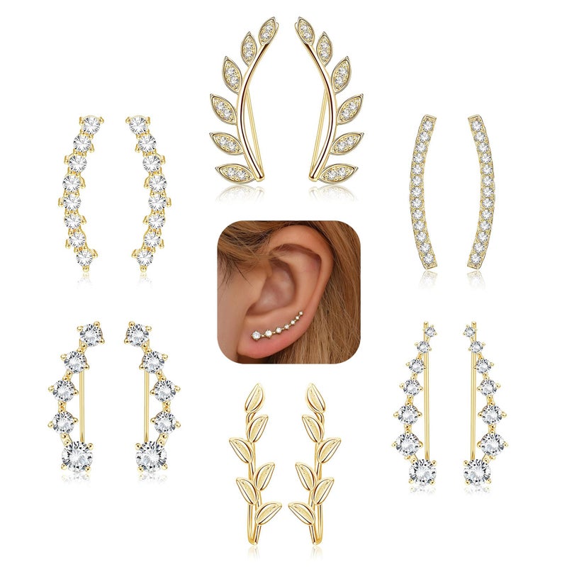 FINREZIO 6Pairs Ear Cuffs Climber Hoop Earring CZ Arrow Crawler Stud Earring Jacket for Women Gold - Image 1